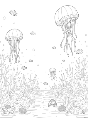 Oversized Jellyfish and a Giant Seashell in an Underwater Garden