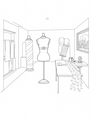 Fashion Atelier with Giant Sewing Tools and Rainbow Shoes