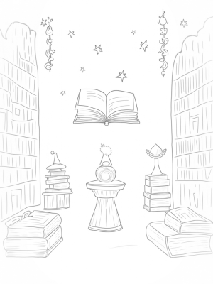 Mystical Library with Floating Tome and Enchanted Quills