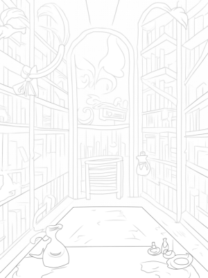 Magical Library with Spellbooks and Potion Bottles