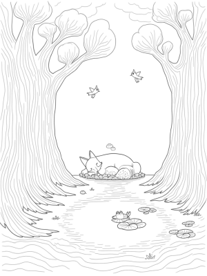 Twisted Trees and a Sleeping Fox in a Forest Glade