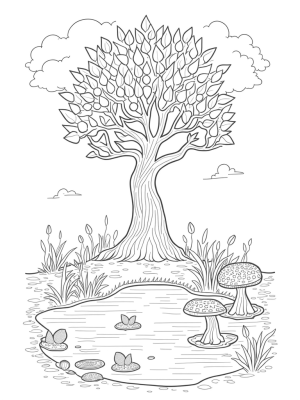 Mosaic Tree with Lantern Fruit and Whimsical Mushrooms