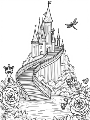 Enchanted Castle with Crystal Staircase and Garden