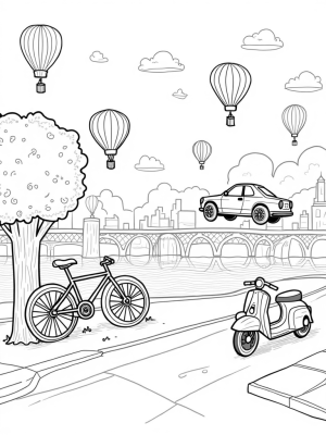 Vibrant Cityscape with Hot Air Balloons and Unique Vehicles