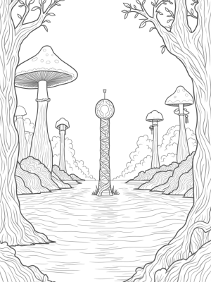 Mystical Forest Clearing with Giant Mushrooms and a Shimmering Pond