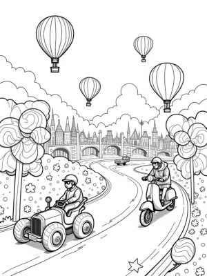 Candy Road Cityscape with Hot Air Balloons and Vintage Cars