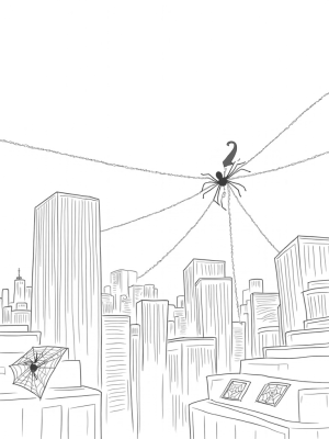 Twilight Urban Skyline with Webs and Superhero Symbol