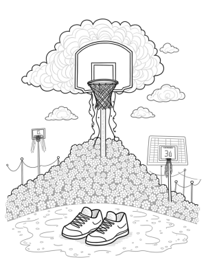 Colossal Basketball Hoop Surrounded by Clouds and Sports Balls
