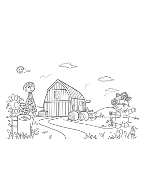 Tranquil Farm Landscape with a Giant Barn and Playful Windmill