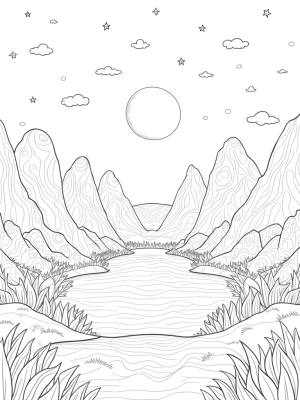 Layered Landscape with Geometric Rocks and Leaf-Shaped Lake