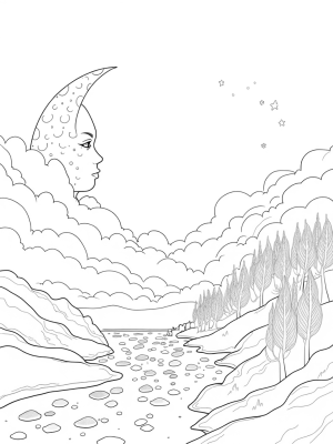 Dreamy Landscape with Crescent Moon and Spiraled Trees