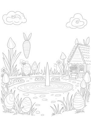 Colorful Eggs and a Carrot Fountain in a Garden