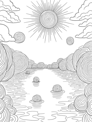 Serene Lake with Floating Circles and Mandalas