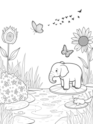 Elephant on a Lily Pad in a Flower Garden