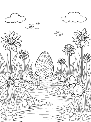 Oversized Eggs and Towering Flowers in a Whimsical Garden