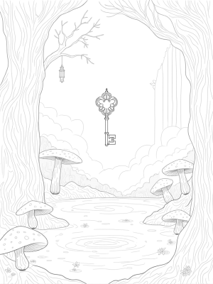 Forest Clearing with Giant Key and Rainbow Waterfall