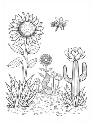 Giant Flowers and a Floating Honeybee in a Whimsical Garden