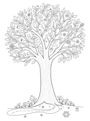 Seasonal Tree with Flowers, Fruits, Leaves, and Snowflakes