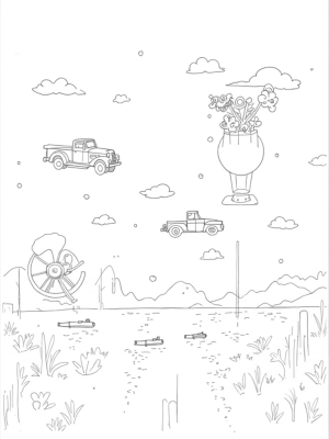 Floating City with Vintage Cars and Hot Air Balloon