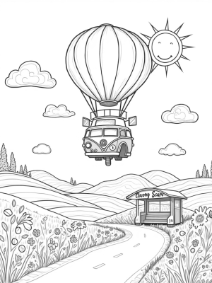 Bus-Shaped Hot Air Balloon Over Patchwork Fields