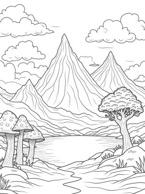 Serene Mountain Landscape with Giant Mushrooms and Twisting Vines