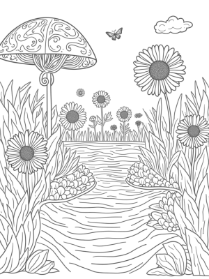 Giant Flowers and Playful Sunflowers in a Whimsical Garden