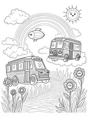 Floating Buses and Colorful Flowers in a Dreamy Cityscape