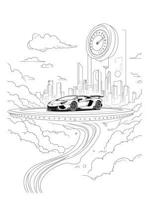 Futuristic Cityscape with a Lamborghini on a Floating Platform