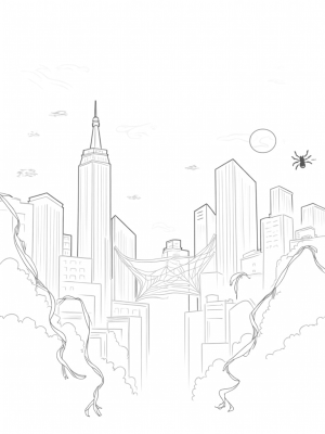 Cityscape Night with Twisting Skyscrapers and Webs