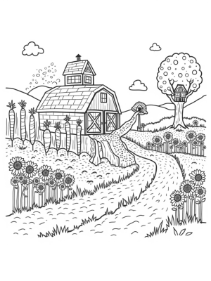 Colorful Patchwork Barn and Flower Waterfall