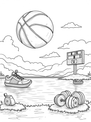 Basketball Above a Peaceful Lake with Sneaker Boats