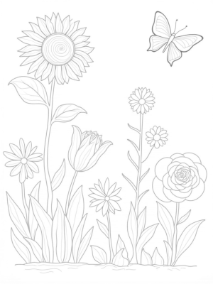 Oversized Flowers and a Towering Sunflower in a Whimsical Garden