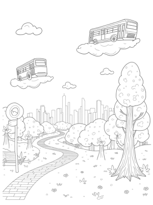 Floating Buses in a Colorful Cityscape