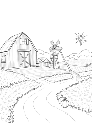 Patchwork Field with Barn, Windmill, and Watering Can