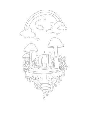Floating Island with Giant Mushrooms and Crystal Fountain