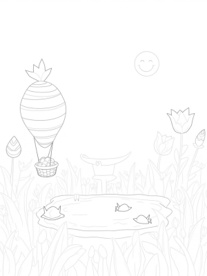 Giant Carrot Hot Air Balloon in a Colorful Meadow