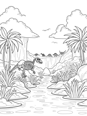 Dinosaur Skeleton in a Prehistoric Jungle