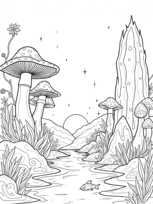 Enchanted Forest Glade with Giant Mushrooms and Crystal River