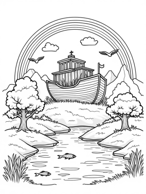 Noah's Ark on a Mountain with a Rainbow