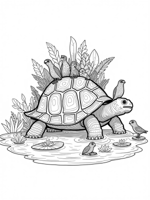 Giant Tortoise with a Garden and Colorful Birds