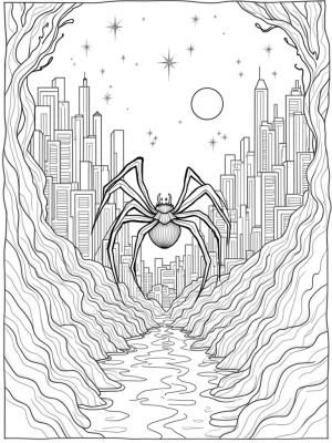 Cityscape with Twisting Skyscrapers and a Giant Spider