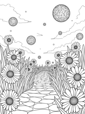 Geometric Flower Garden with Floating Orbs
