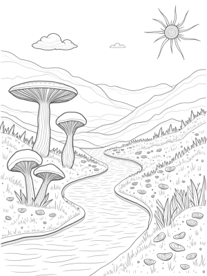 Whimsical Hillside with Giant Mushrooms and a Sparkling River