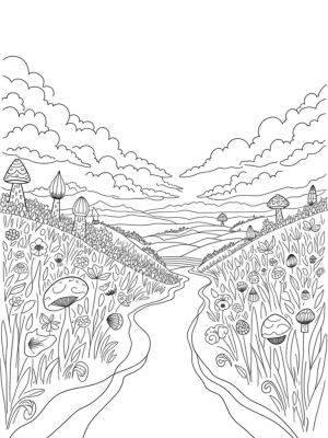 Colorful Hilltop with Whimsical Flowers and Giant Mushrooms
