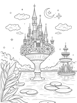 Floating Castle with Flower Balconies and Sparkling Fountain
