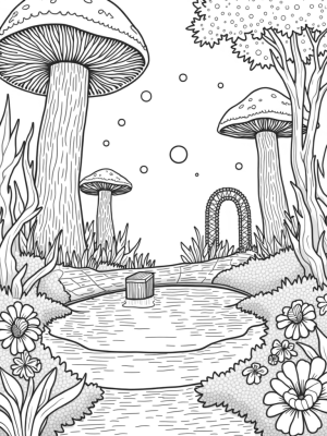 Mystical Forest Glade with Giant Mushrooms and a Crystal Pond