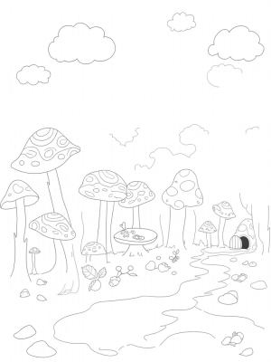 Oversized Mushrooms and a Tree Stump Table in the Forest Glade
