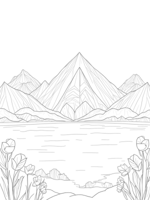 Triangular Mountain Landscape with Geometric Flowers