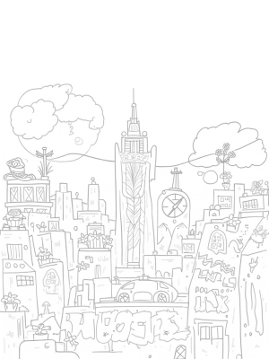 Urban Skyline with Spider Clock Tower and Graffiti