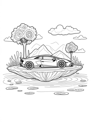 Sleek Lamborghini on a Floating Island